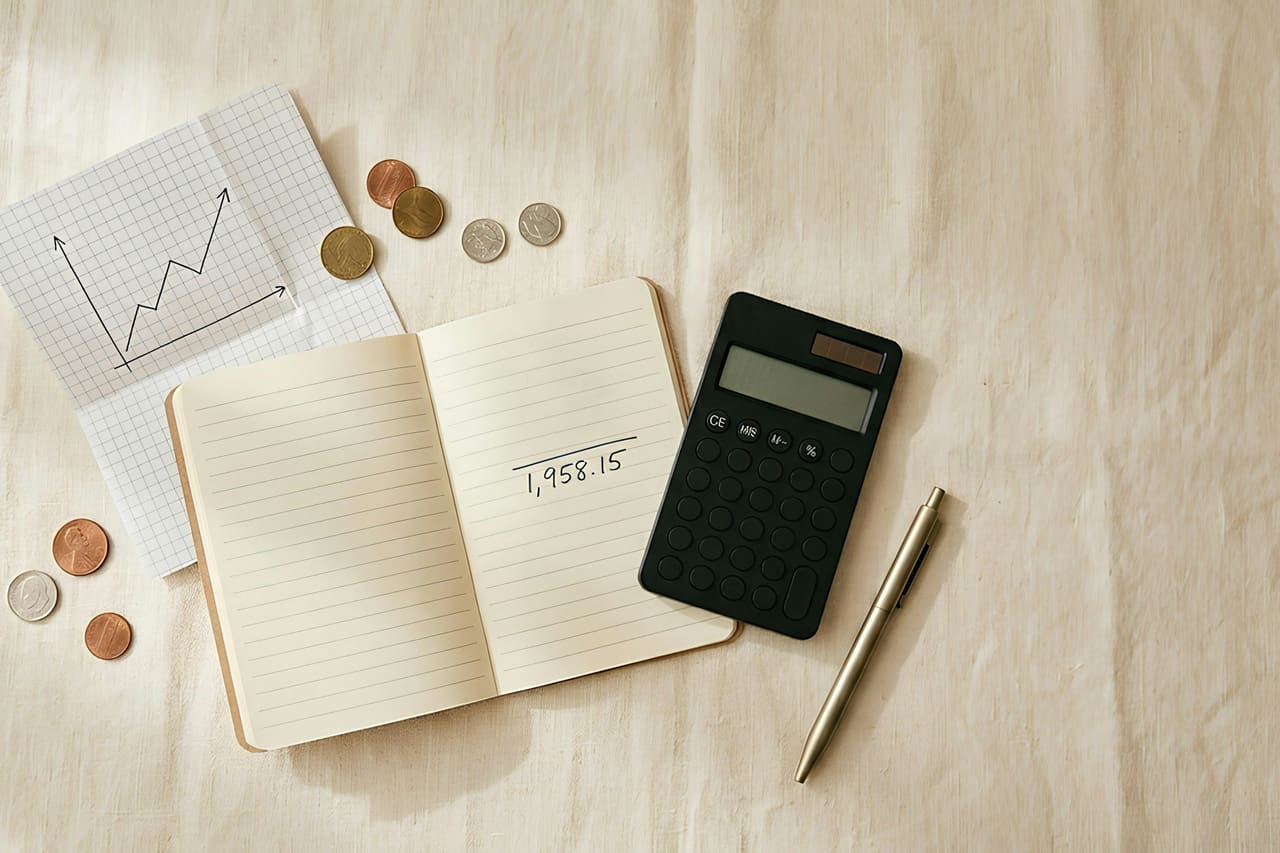 A notebook, calculator, coins and a printed chart on a beige surface